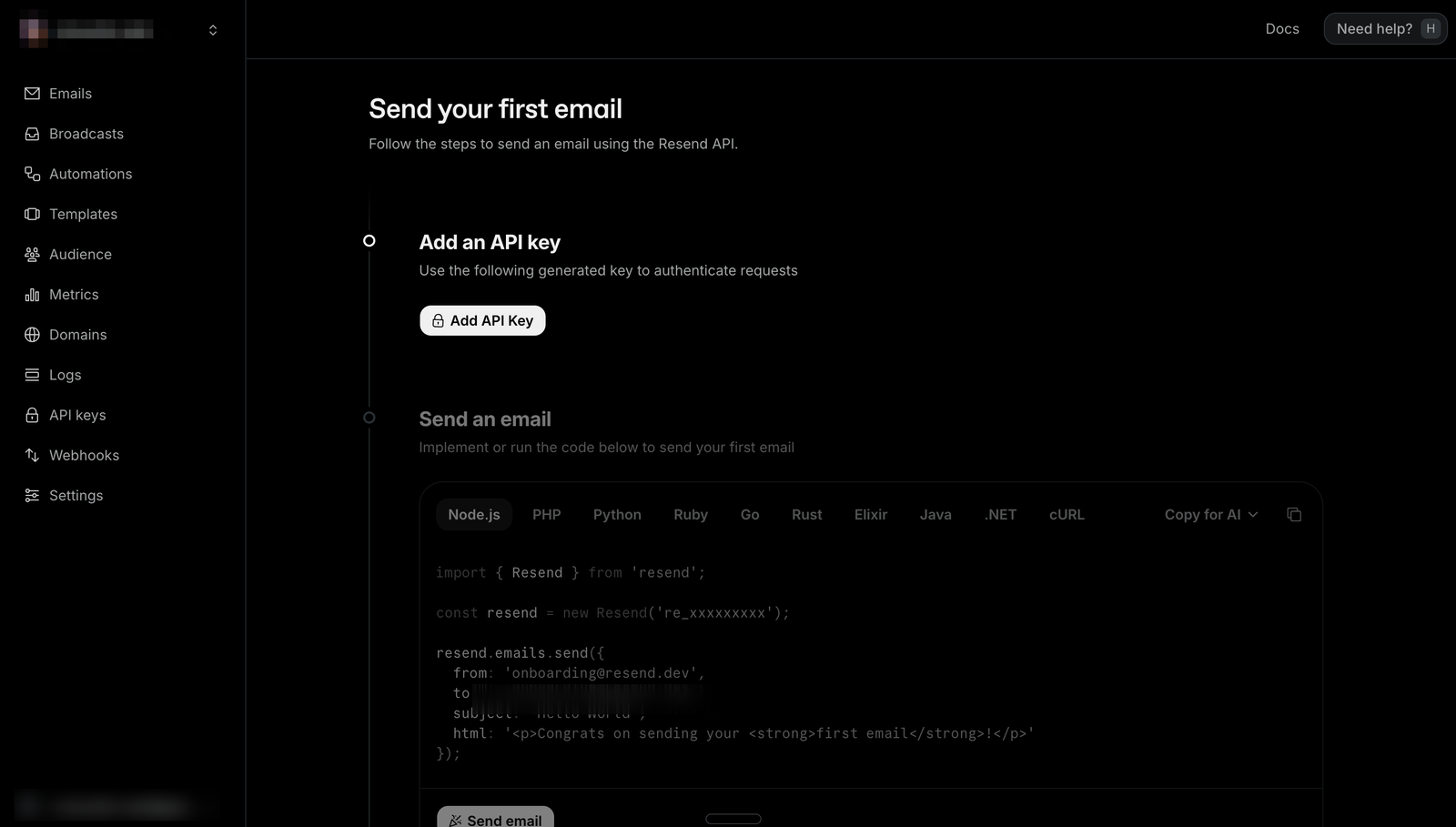 Resendのテスト送信コード例（Node.js・宛先はマスク処理済み）