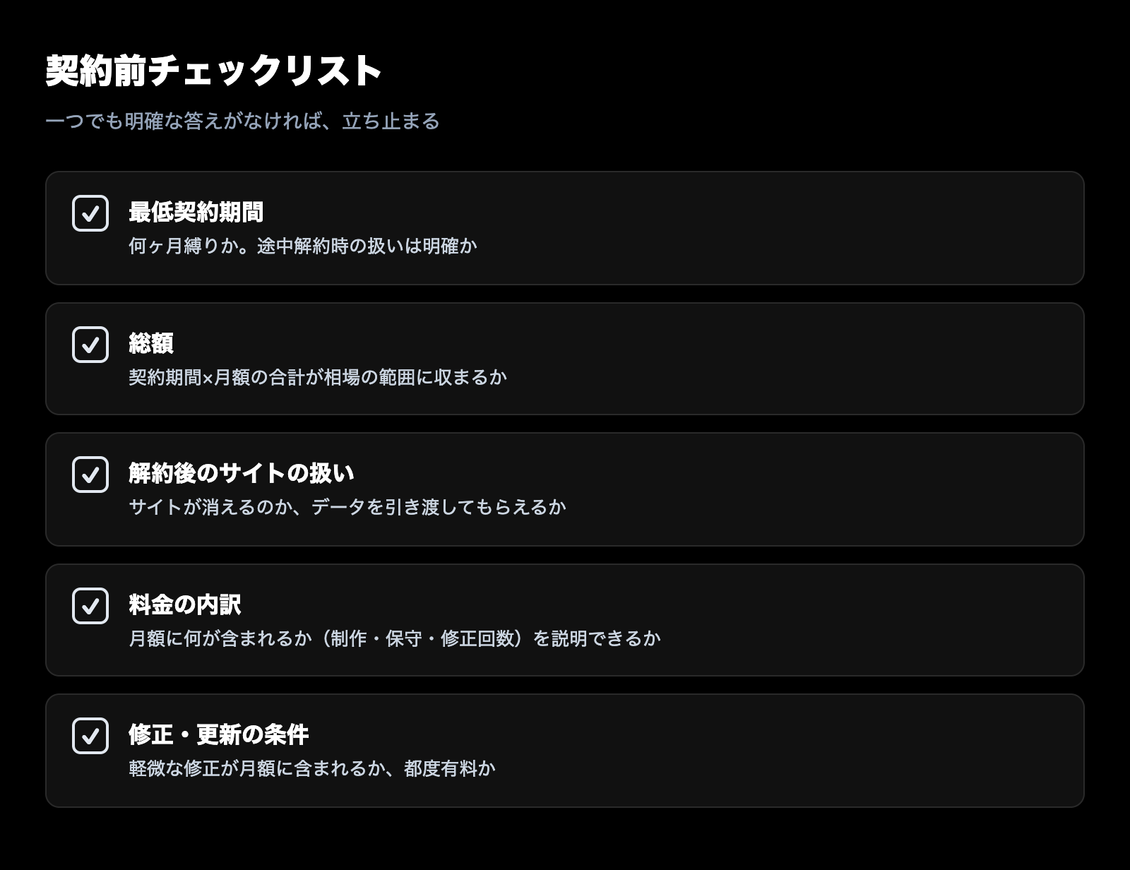 契約前チェックリスト。最低契約期間・総額・解約後のサイトの扱い・料金の内訳・修正更新の条件の5項目を確認する図解