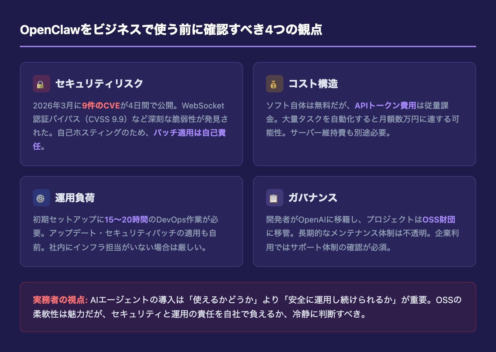 OpenClawをビジネスで使う前に確認すべき4つの観点