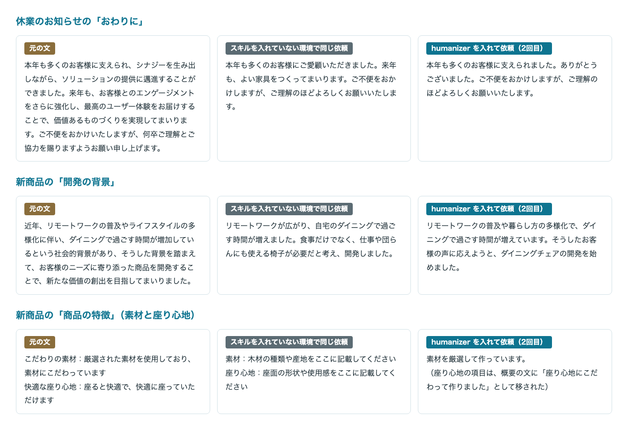 元のお知らせ文、スキルを入れていない環境で直した文、humanizerを入れて直した文の3列比較(休業のおわりに、開発の背景、商品の特徴)