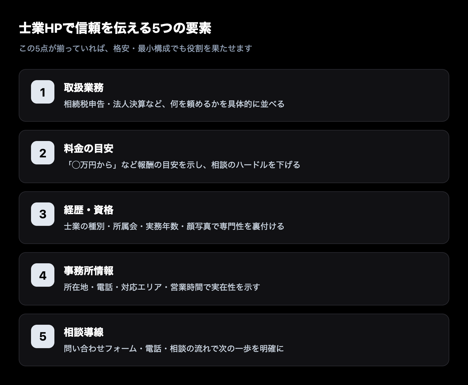 士業HPで信頼を伝える5つの要素:取扱業務・料金の目安・経歴と資格・事務所情報・相談導線