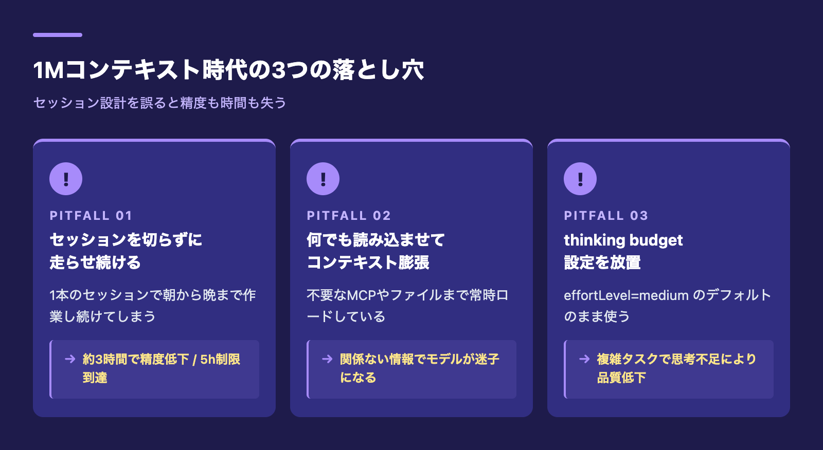 Claude Code 1Mコンテキスト時代の3つの落とし穴:セッション継続・コンテキスト膨張・thinking budget設定放置