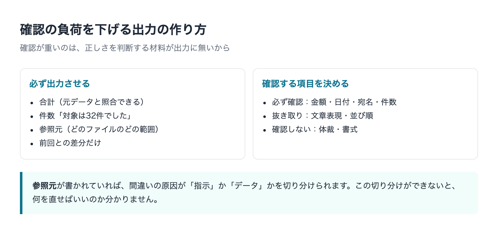 確認の負荷を下げる出力の作り方