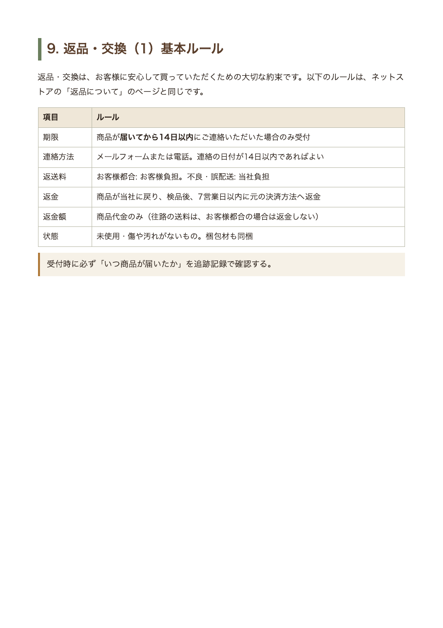 分割してできた第9章のPDF。返品・交換の基本ルールの表が1ページに収まっている