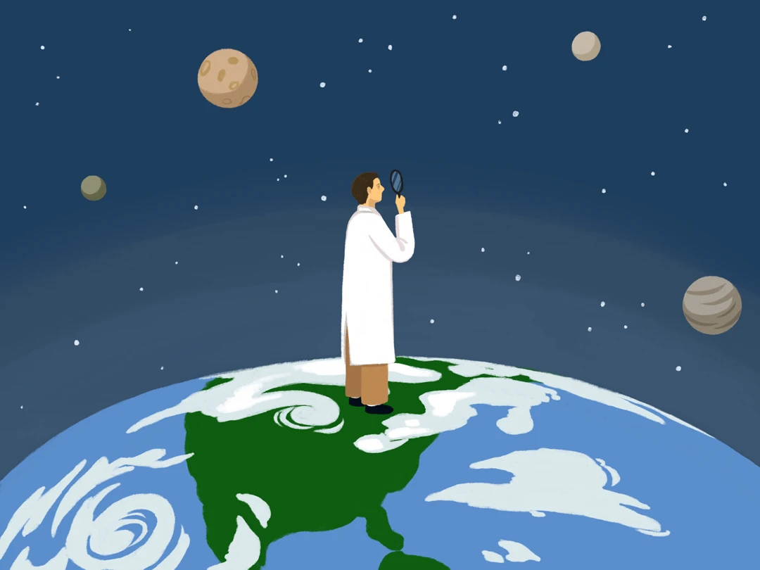 An illustration of a scientist standing on Earth in outer space, holding a magnifying glass in front of his face and observing the universe. Planets and stars are visible in space.