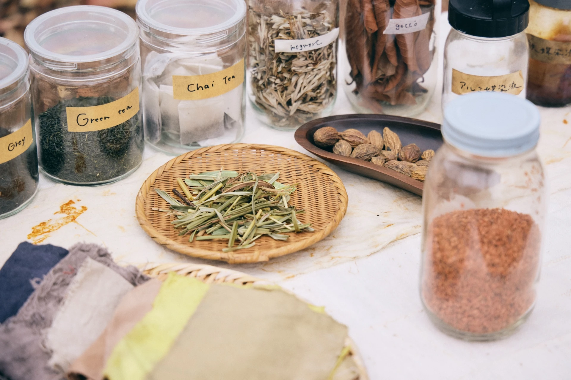 A photo of dye plants lined up in transparent bottles.