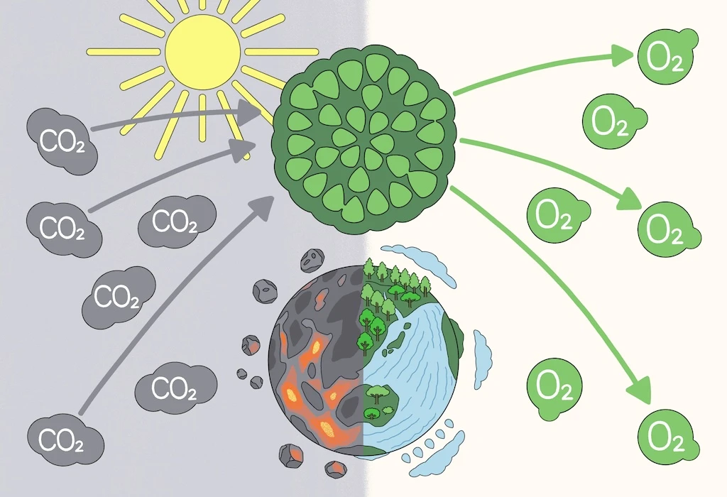 藻類の光合成により長い時間をかけて酸素が増えた様子を表したイラスト。中央には地球と藻が描かれてあり左右で情報が別れている。左半分は地球がマグマや溶岩に覆われていて、大気中には二酸化炭素が溢れている。右半分は緑の木々と青い海の地球で、大気中には藻類の光合成により発生した酸素が溢れている。
