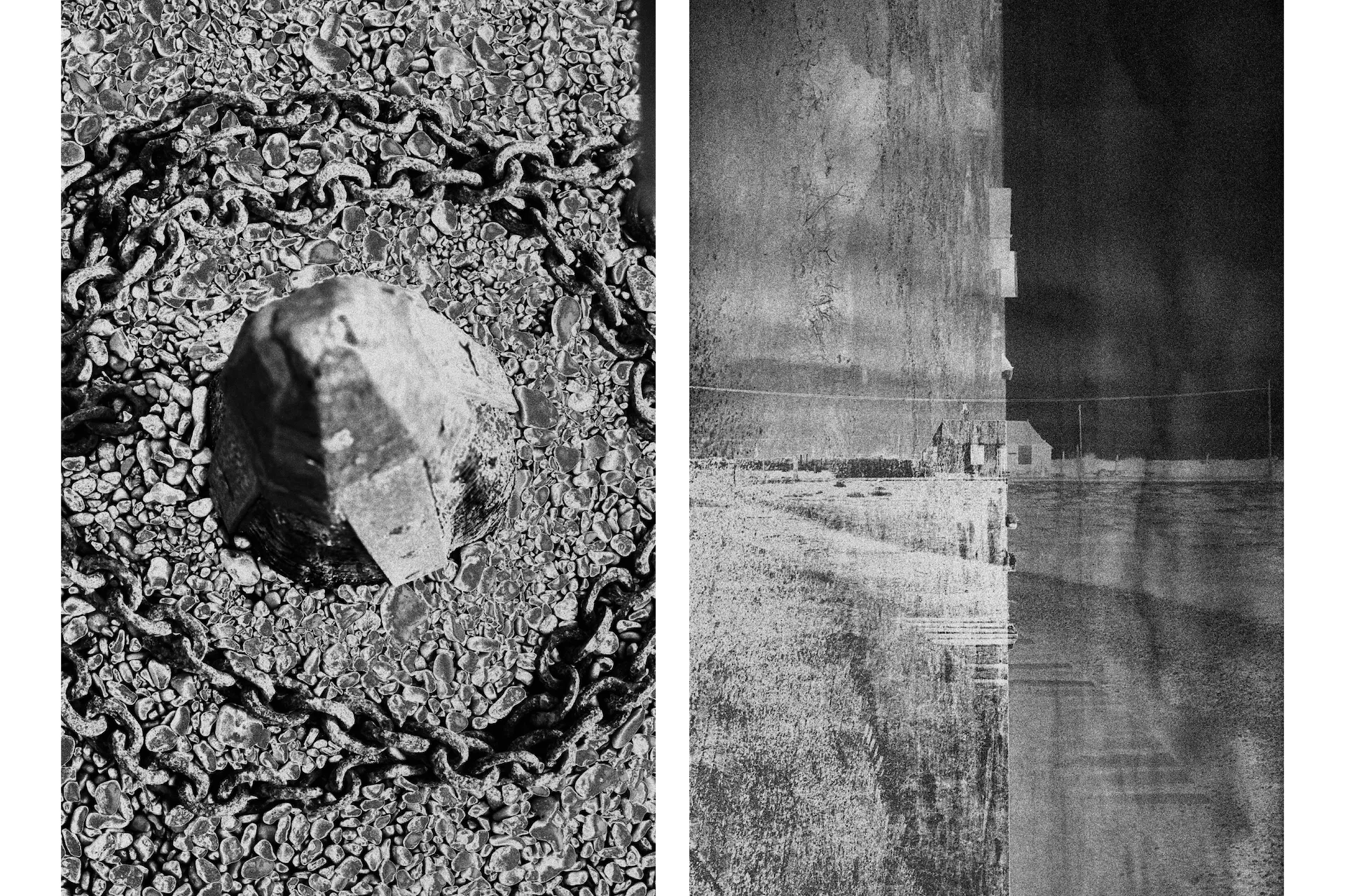 Two photos included in the photo book. Left: A top view of a post and a chain surrounding it. Right: Derek Jarman’s home, photographed from a distance. The monochrome world depicted in the photo is divided by a central vertical line, with the tones in the right half inverted compared to the left.