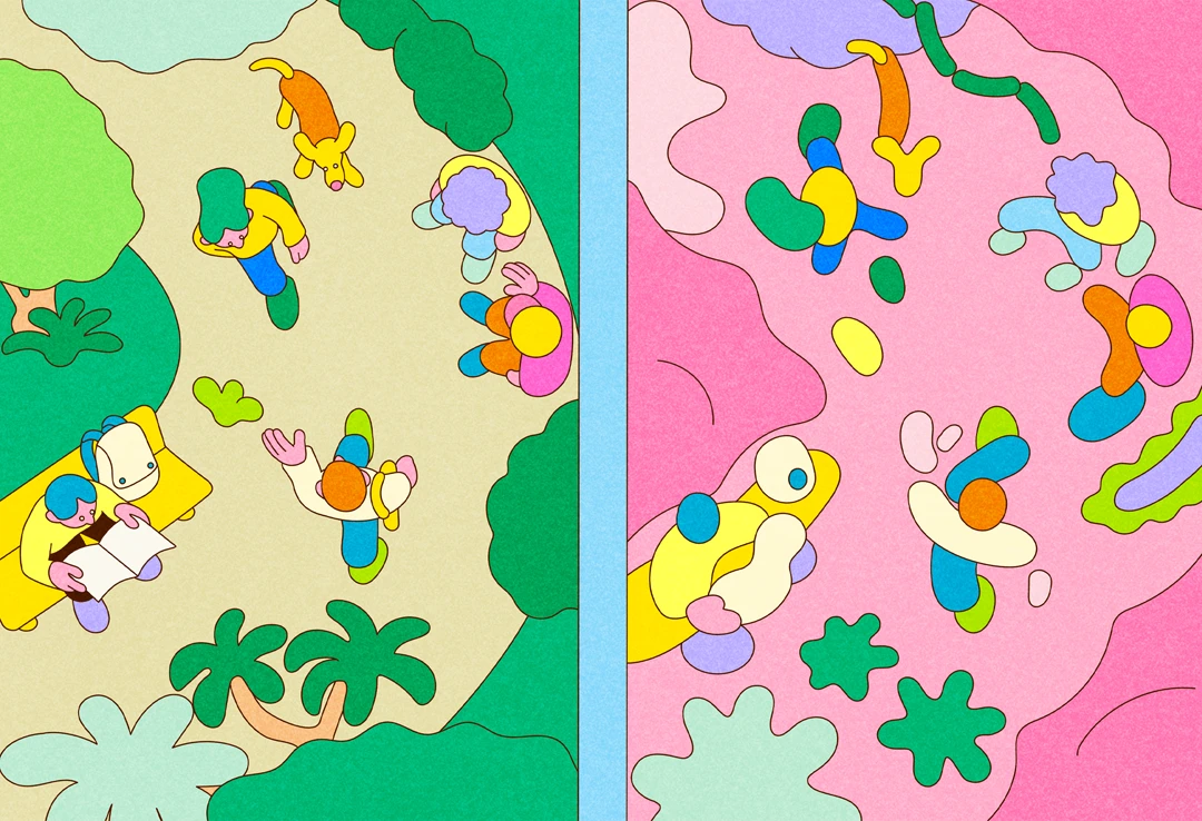 An illustration divided vertically down the center. The left side depicts human society, while the right side, with a similar composition, is formed by something resembling microorganisms. The illustration uses many vivid colors and is rendered in a flat, unshaded style.