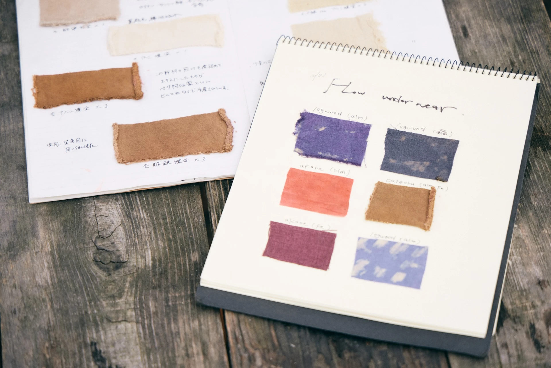 Photograph of two notebooks kept with a piece of dyed cloth attached, one lined with brown and beige cloth, the other with cloth in various colors such as purple, vermilion, and light blue, with the words “How wonder near” visible.