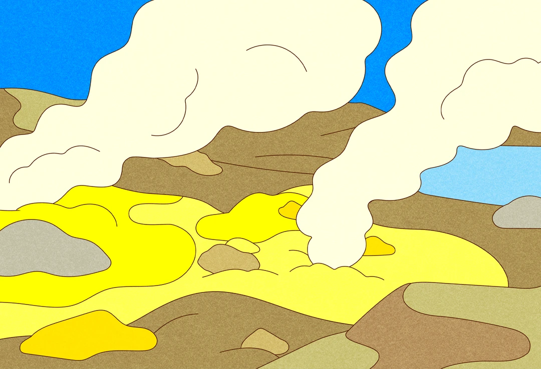 An illustration of yellow sulfur gushing from the ground. A hot spring is visible behind the smoke.