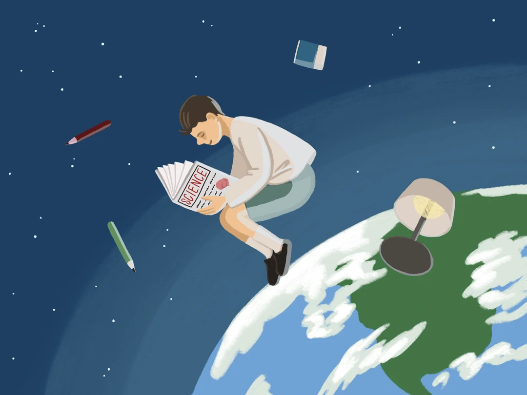 An illustration of a boy floating in space with a view of Earth, reading a science book. Two pencils, an eraser, and a table lamp are also floating around him.