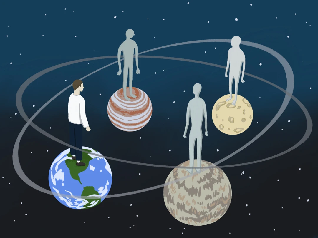 An illustration of four planets, including Earth, in space. Two rings encircle the four planets. A human is standing on Earth, and a humanoid silhouette is standing on each of the other planets.