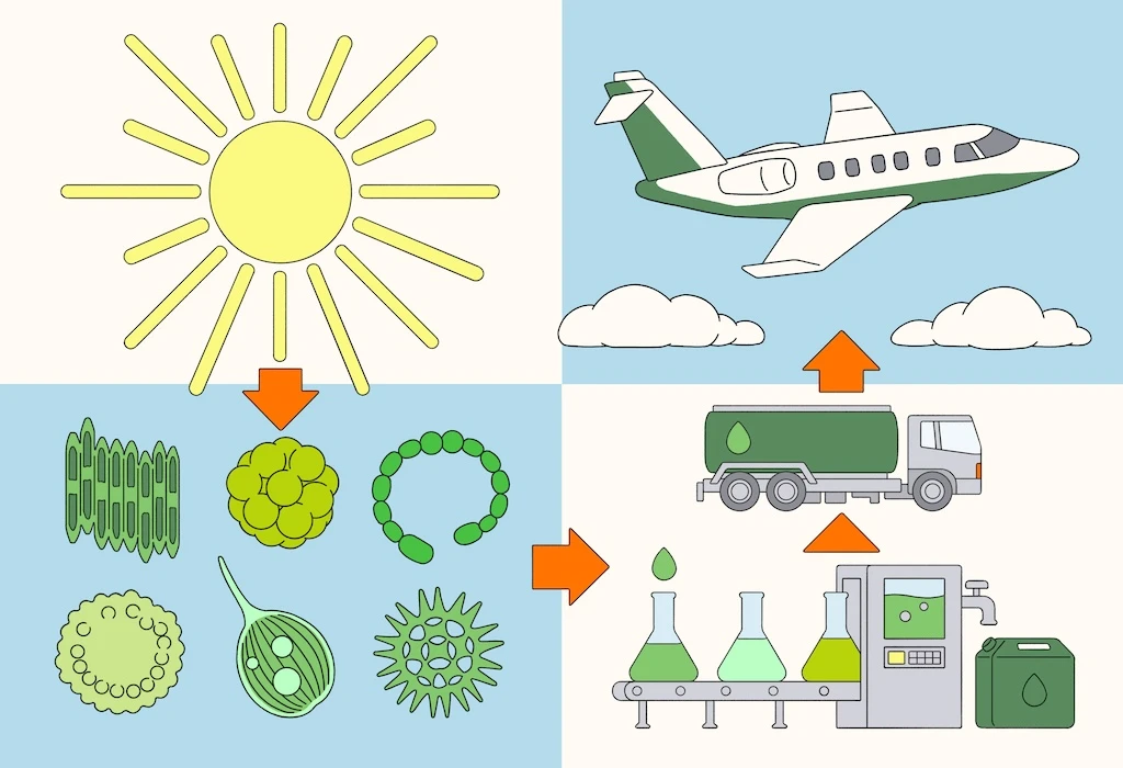 光合成によりエネルギーが生み出されていることを表したイラスト。4分割されており、太陽→藻類→バイオ燃料→ジェット飛行機の順に描かれている。