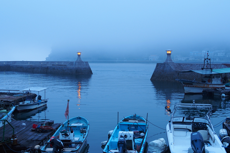 A misty fishing port