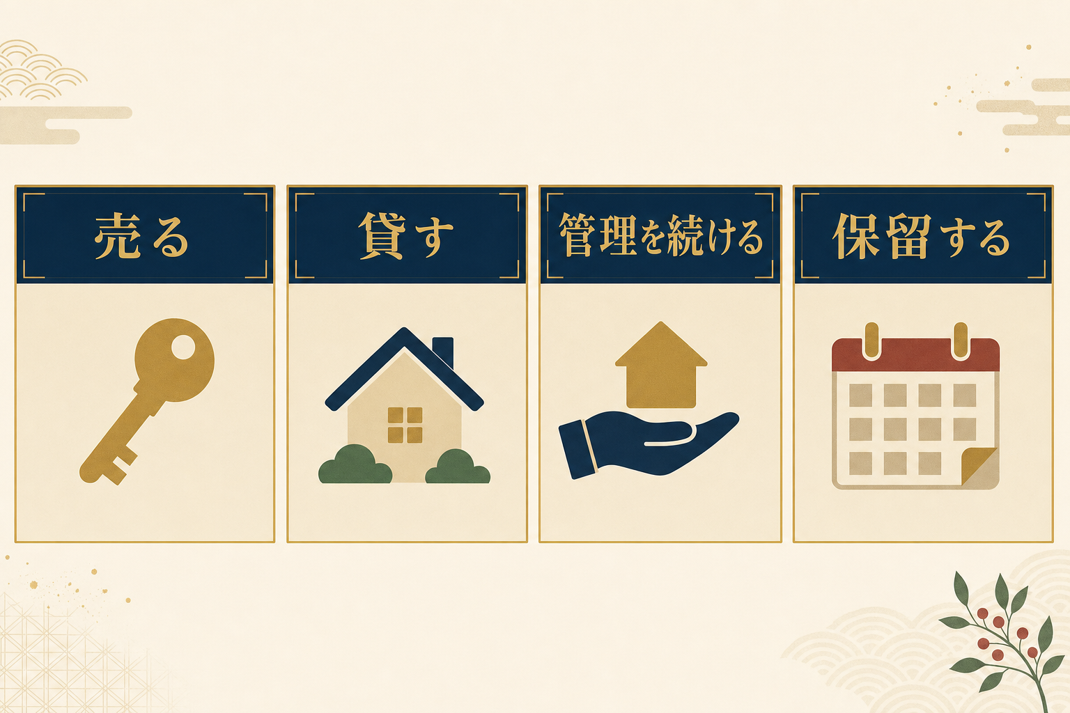 売る・貸す・管理を続ける・保留するの4つの選択肢を並べた図解