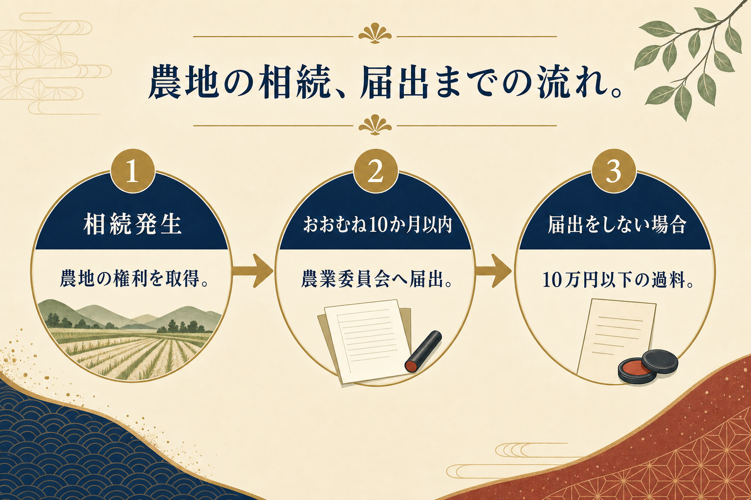 農地の相続から届出までの流れを示すタイムライン図解。相続発生からおおむね10か月以内に農業委員会へ届出、届出をしない場合は10万円以下の過料
