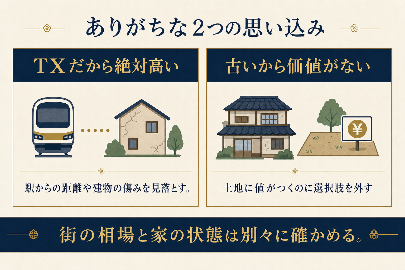 TX沿線の親の家でありがちな2つの思い込み(TXだから絶対高い/古いから価値がない)と、その確かめ方を対比した図解