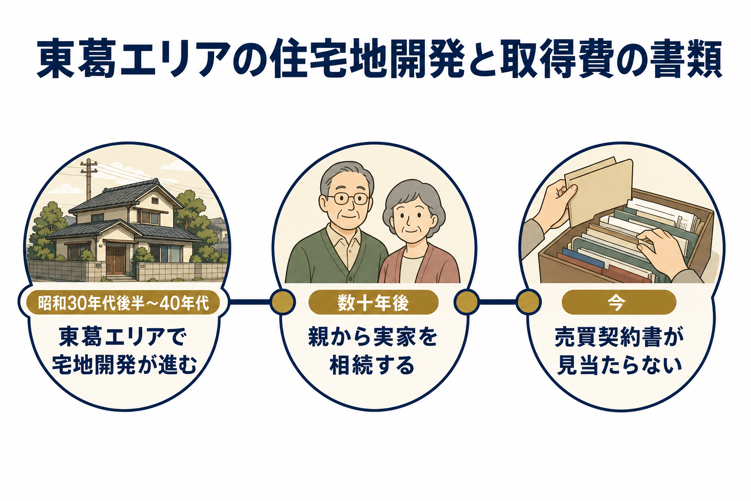 松戸・東葛エリアの戸建てが昭和30年代後半から40年代にかけて建てられた住宅地が多く、取得費の書類が残りにくい背景を示す図解