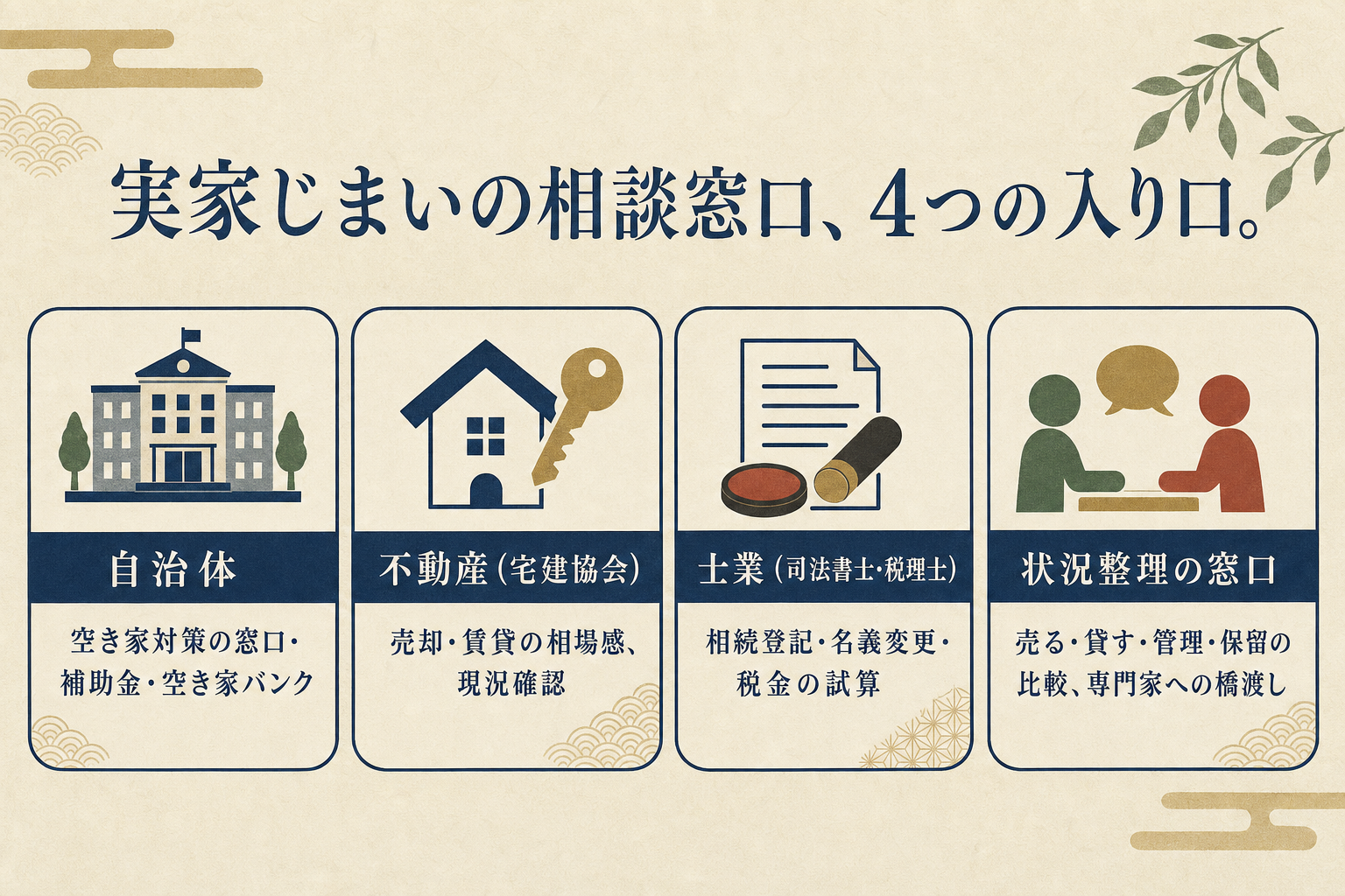 実家じまいの相談窓口、4つの入り口を示す図解