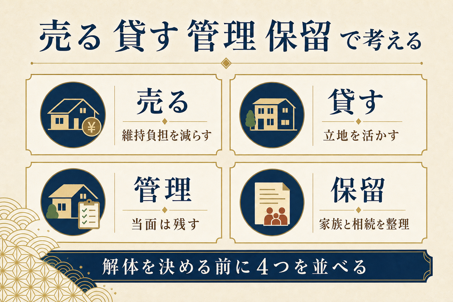 親の家の選択肢を売る・貸す・管理・保留の4つに分け、それぞれで松戸市の制度・窓口をどう使うかを整理したチェック図