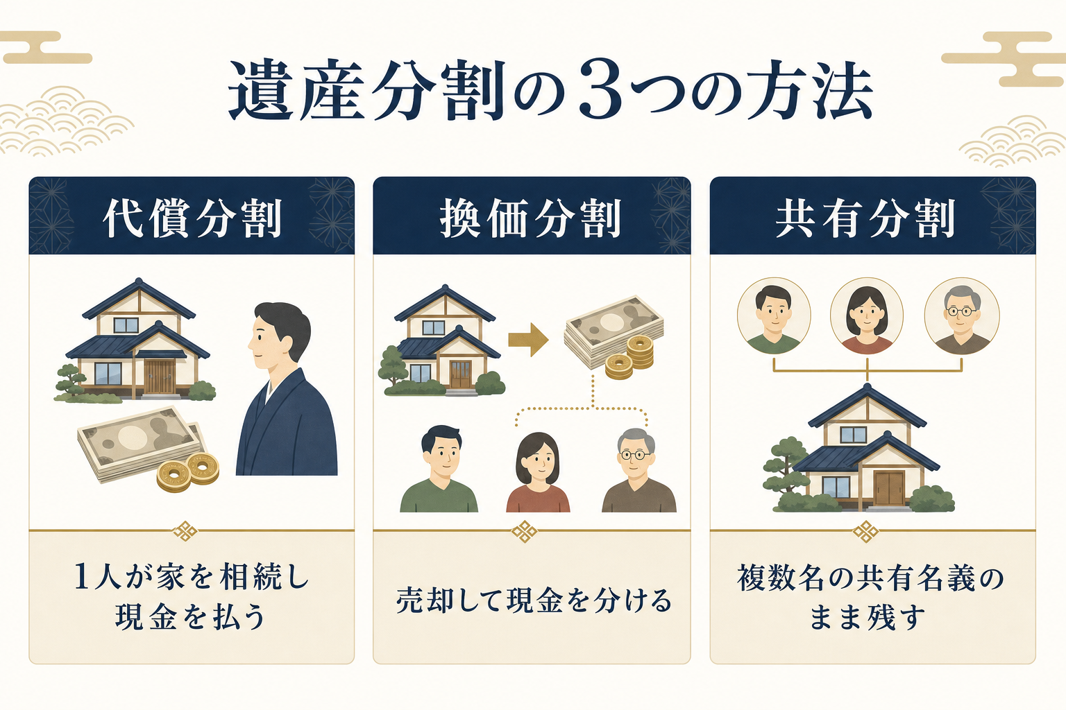 遺産分割の3つの方法を対比する図解