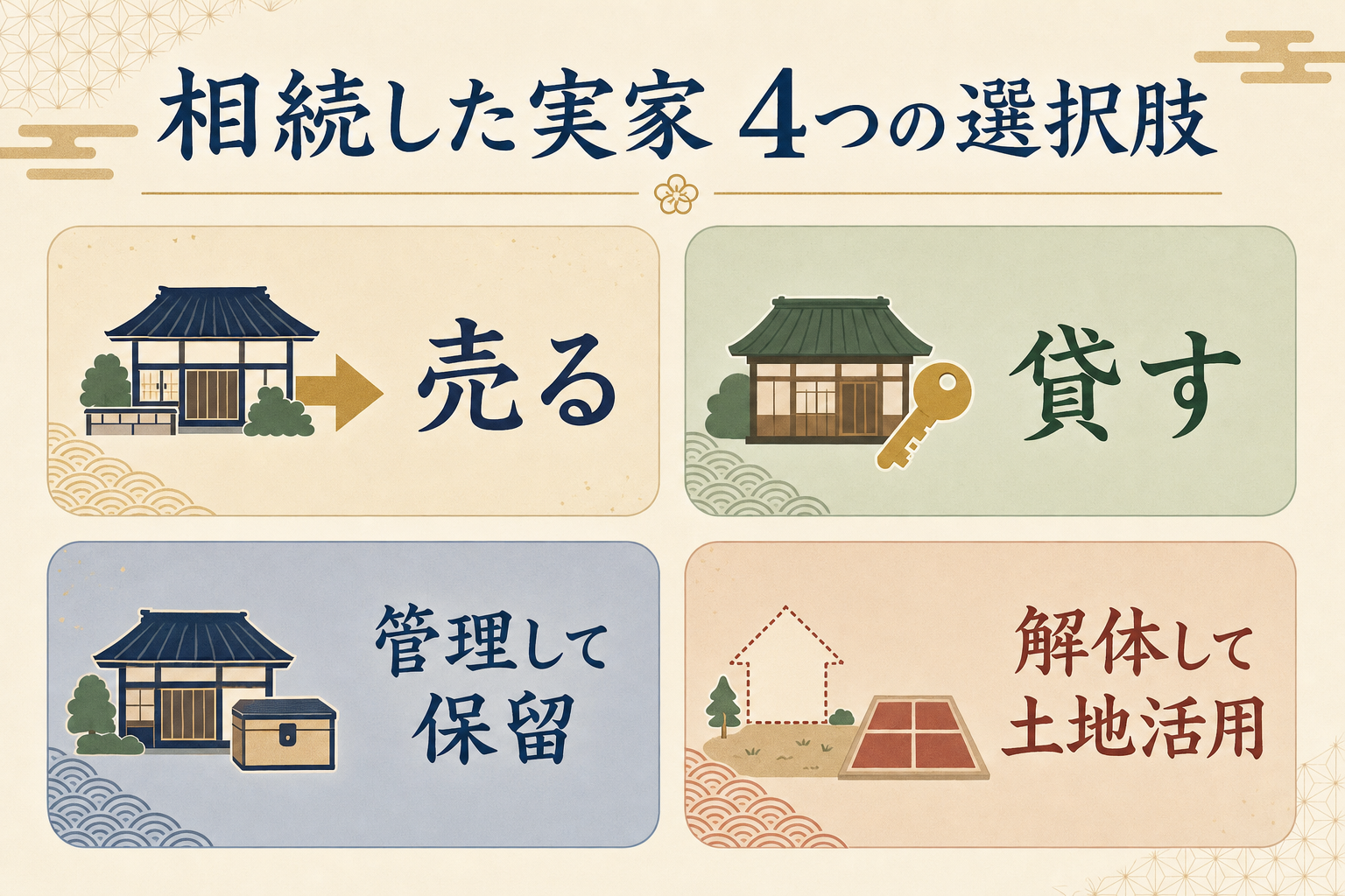 相続した実家の選択肢（売る・貸す・管理して保留・解体）と、それぞれが向いているケースを比較した図解