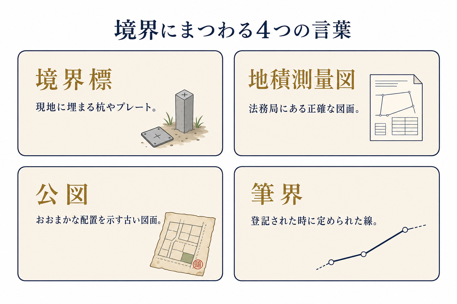 境界標・地積測量図・公図・筆界の違いを示す図解