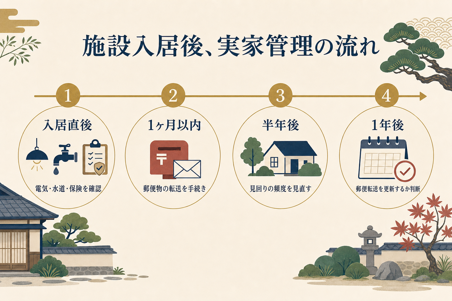 施設入居後、実家管理の1年の流れを示すタイムライン型の図解