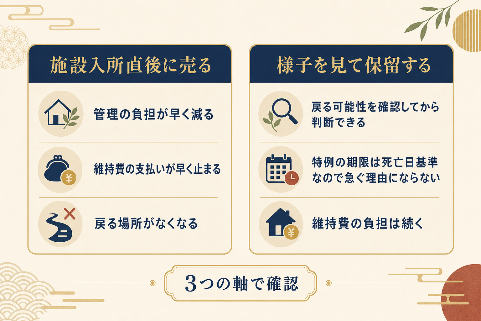 施設入所直後に売る場合と様子を見て保留する場合を対比した図解