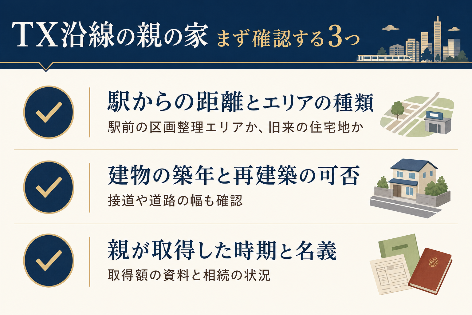 TX沿線・親の家でまず確認したい3つのこと(駅からの距離とエリアの種類、建物の築年と再建築の可否、親が取得した時期と名義)を示した図解