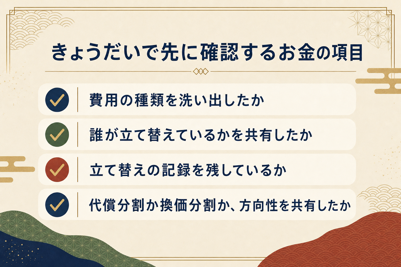 きょうだいで先に確認するお金まわりの項目チェックリストの図解