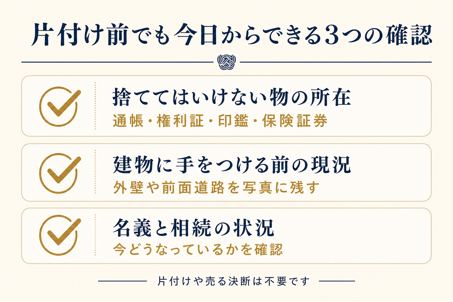 片付け前でも今日からできる3つの確認。①捨ててはいけない物の所在(通帳・権利証・印鑑・保険証券)、②建物に手をつける前の現況(外壁や前面道路を写真に残す)、③名義と相続の状況(今どうなっているかを確認)。片付けや売る決断は不要です。