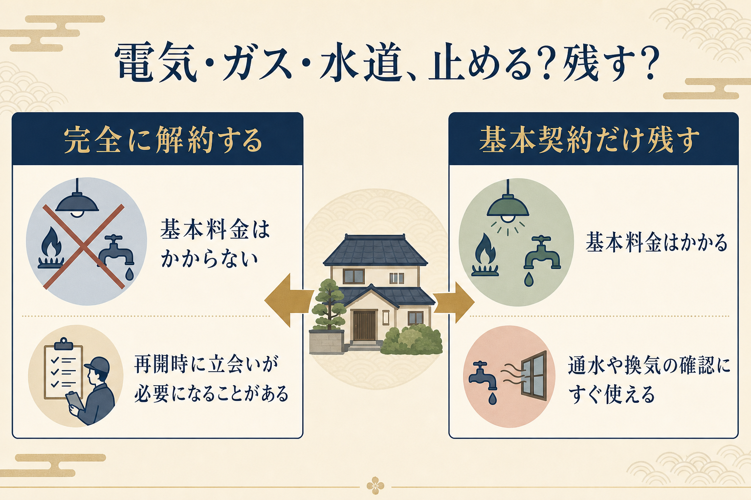 電気・ガス・水道を止める場合と残す場合を対比した図解