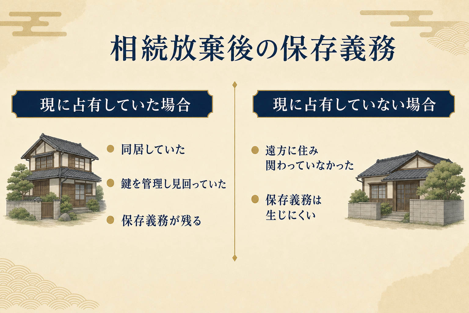 相続放棄後、現に占有していた場合と現に占有していなかった場合で保存義務の有無が変わることを示す対比図