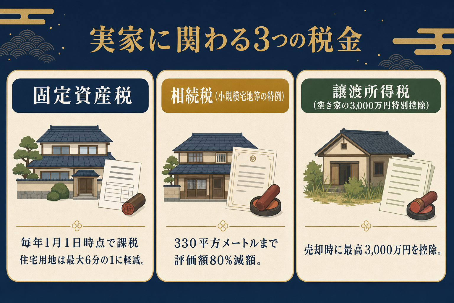 固定資産税・相続税の小規模宅地等の特例・譲渡所得の空き家特例、3つの税金の違いを対比した図解
