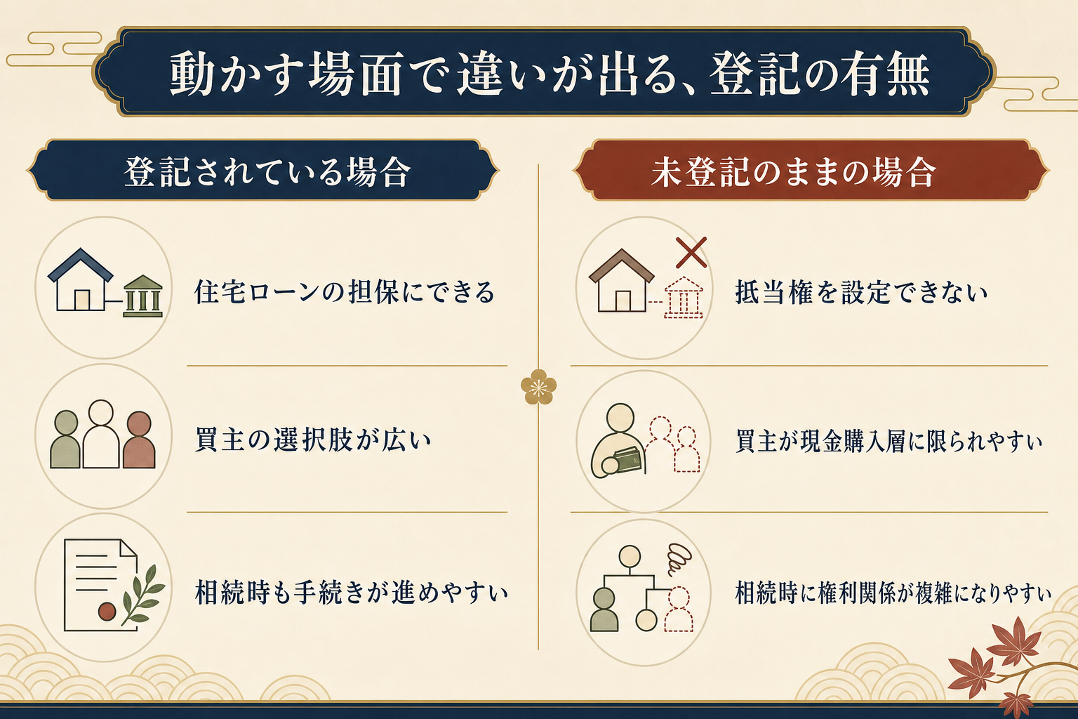 未登記のまま置いておく場合と登記した場合を比較した図解