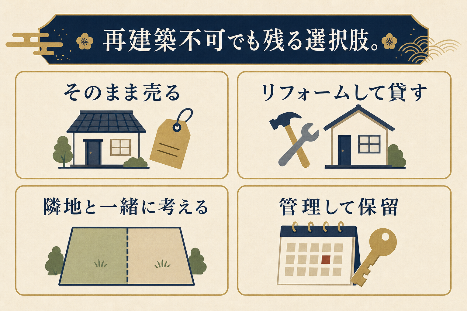 再建築不可かもしれない家の選択肢を比べる図解。そのまま売る、リフォームして貸す、隣地と一緒に考える、管理して保留の4つを並べたイラスト
