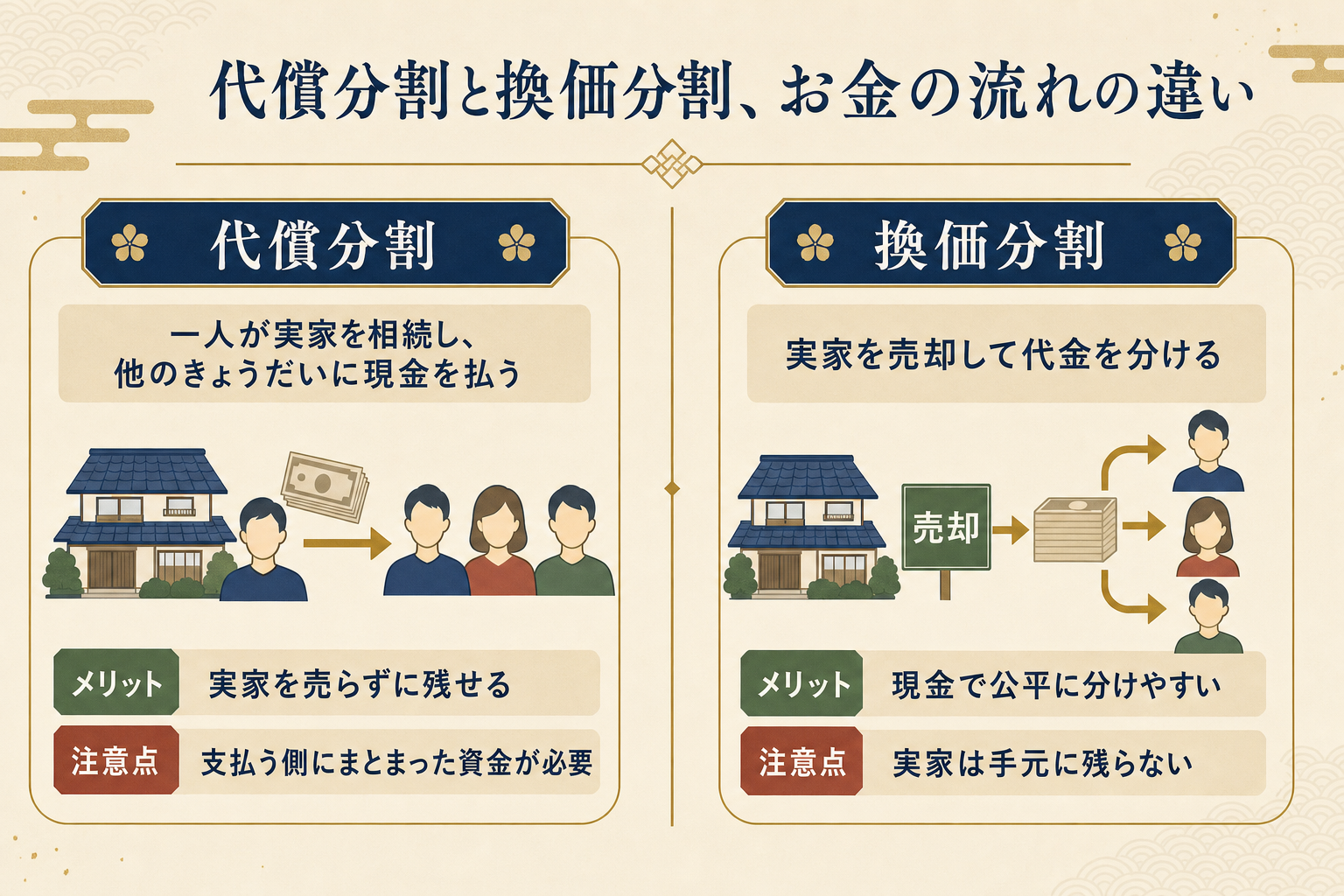 代償分割と換価分割のお金の流れを比較した図解