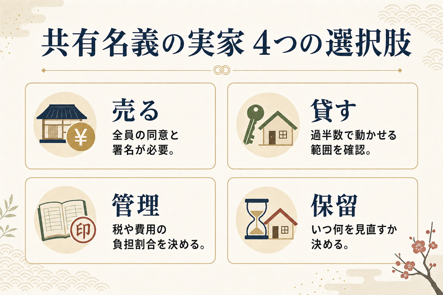 共有名義の実家の4つの選択肢(売る・貸す・管理・保留)と共有ならではの注意点を並べた図解