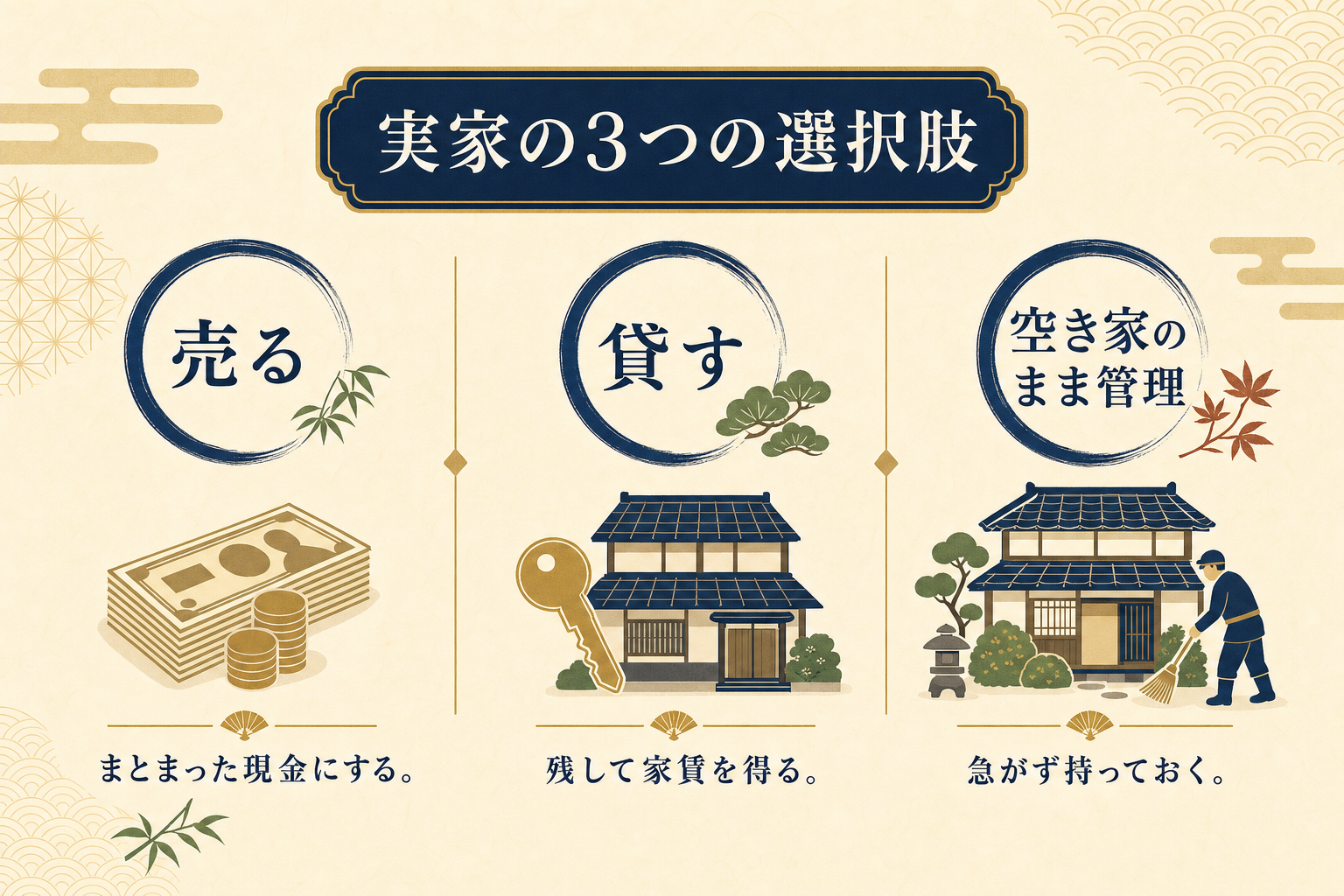 実家の3つの選択肢(売る・貸す・空き家のまま管理)を横並びで比較した図解