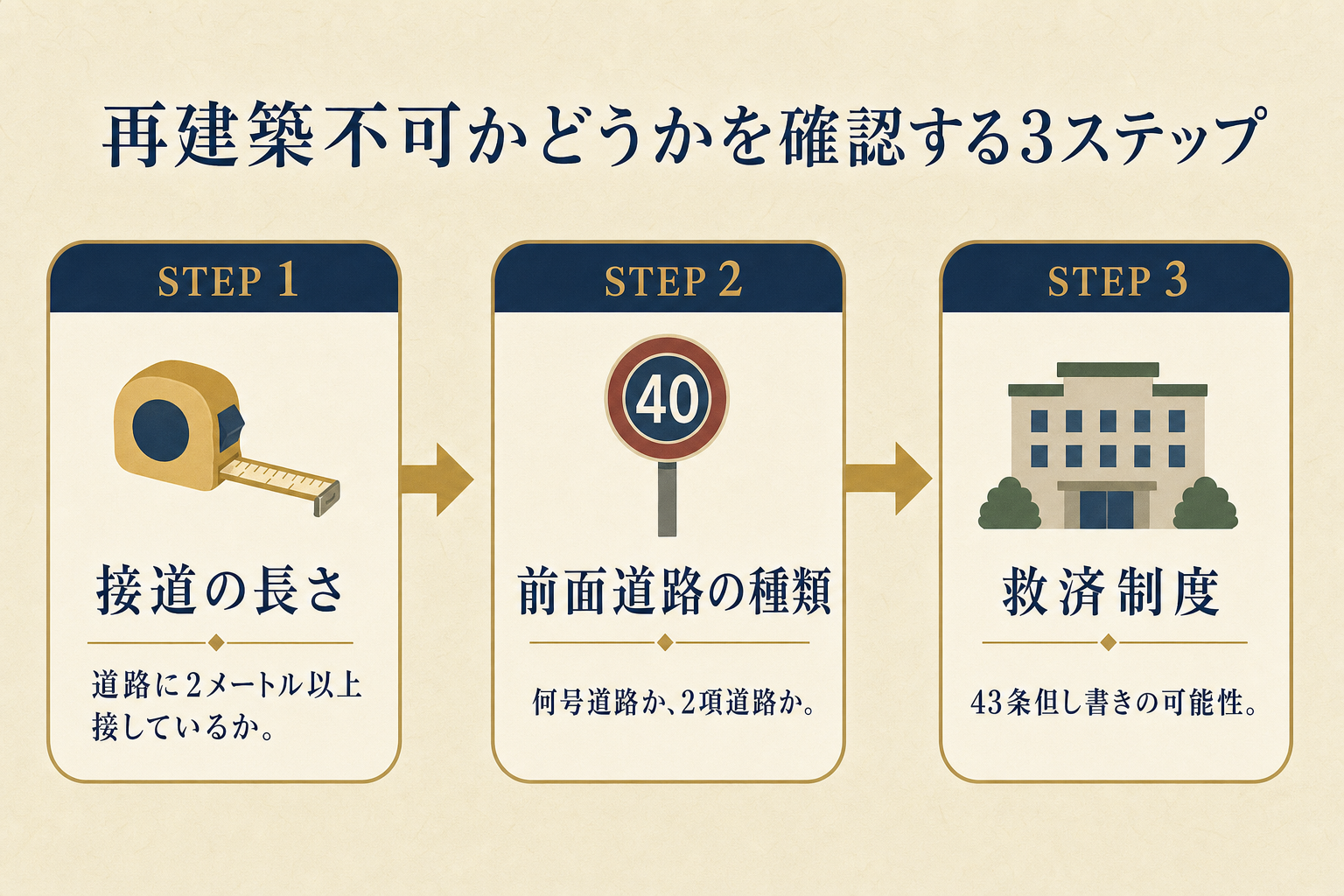 再建築不可かどうかを確認する3つのステップを示した図解。接道の長さ、前面道路の種類、43条但し書きの可能性を順に確認する流れのイラスト