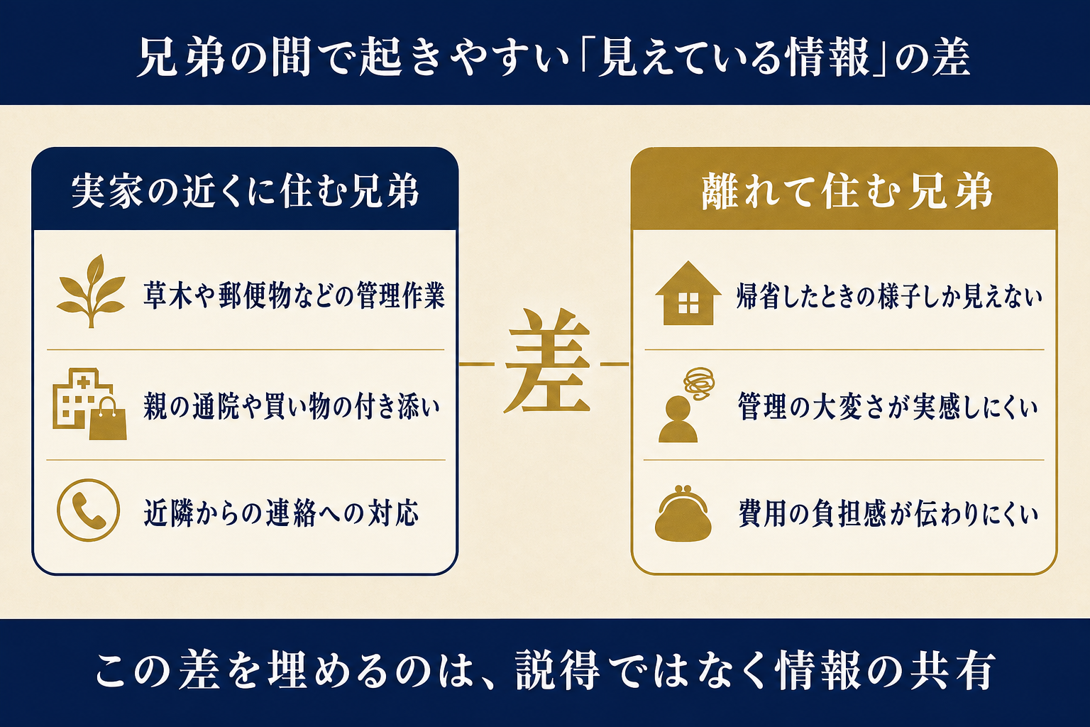 実家の近くに住む兄弟(管理作業・通院の付き添い・近隣対応を担う)と、離れて住む兄弟(帰省時の様子しか見えず負担が実感しにくい)の情報の差を示した図