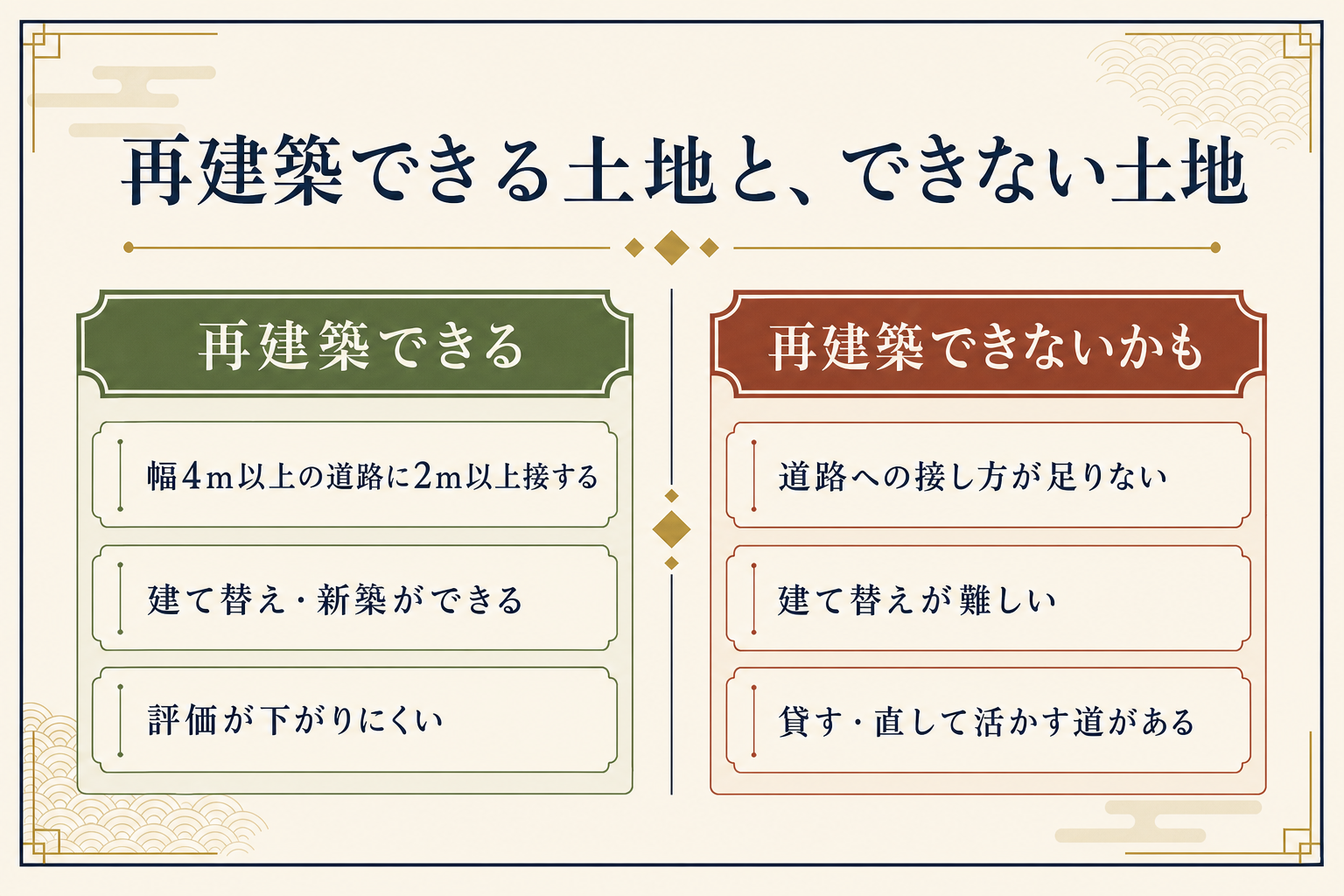 再建築できる土地とできない土地の違いを接道義務の観点から示した対比図