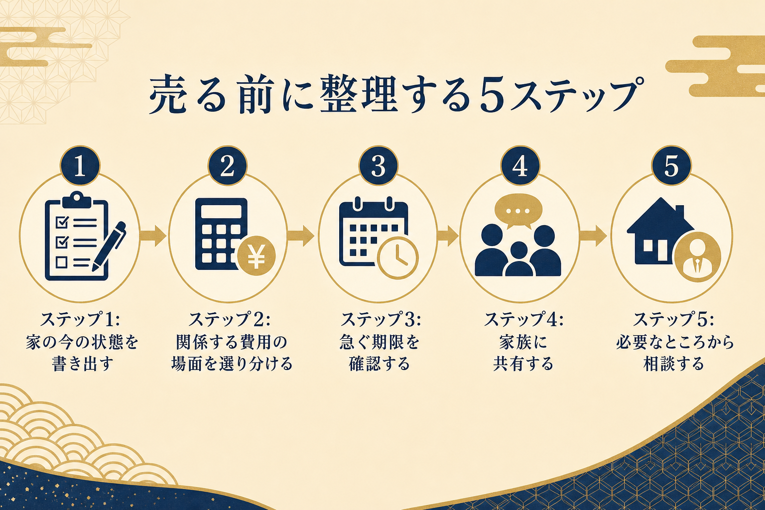 実家じまいを売る前に整理する5ステップ(状態を書き出す→費用の場面を選り分ける→期限を確認→家族に共有→相談)を示したタイムライン図解