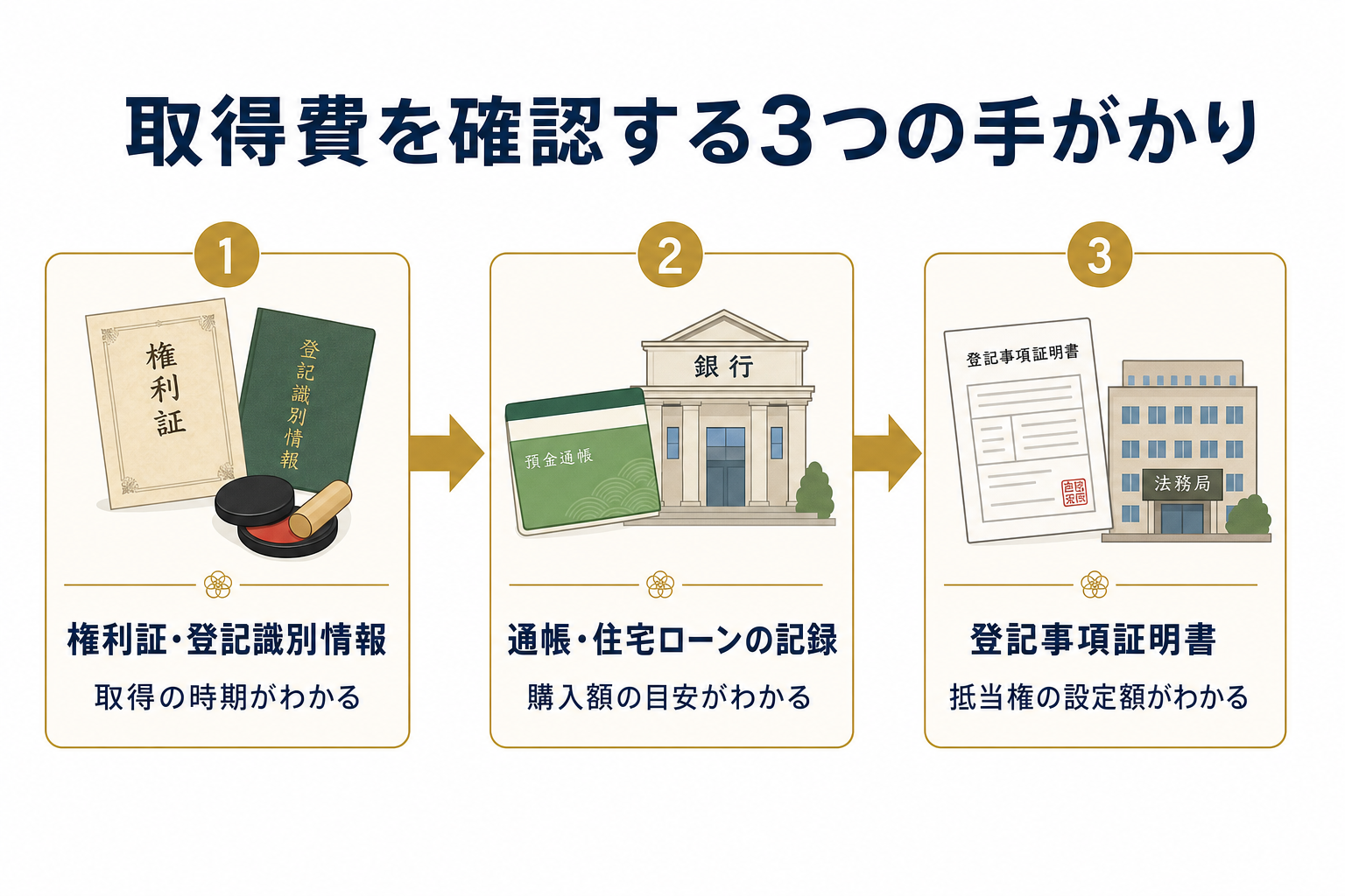 実家の取得費を確認するために、権利証・通帳の記録・登記事項証明書の3つを順に確認する流れを示した図解