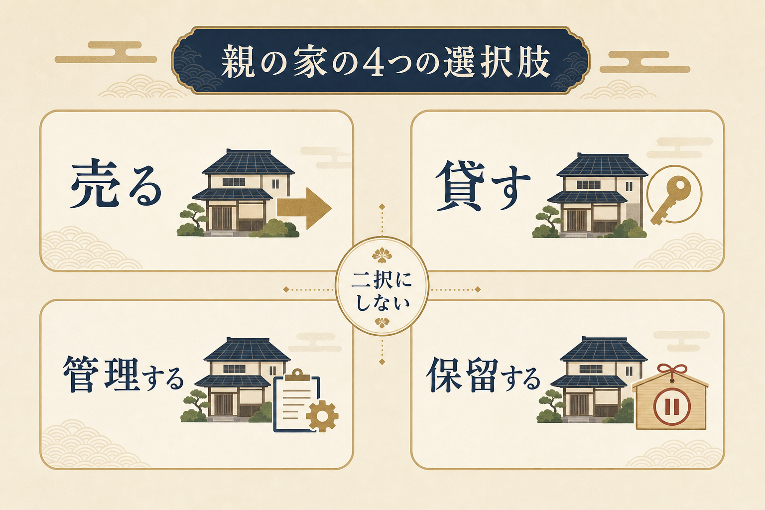 親の家の選択肢(売る・貸す・管理する・保留する)の4つを並べて比較する図解