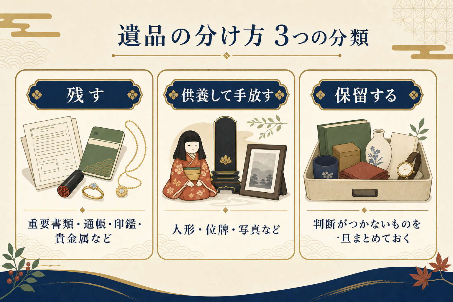 遺品の分け方3つの分類の図解。残す(重要書類・通帳・印鑑・貴金属など)、供養して手放す(人形・位牌・写真など)、保留する(判断がつかないものを一旦まとめておく)の3列。