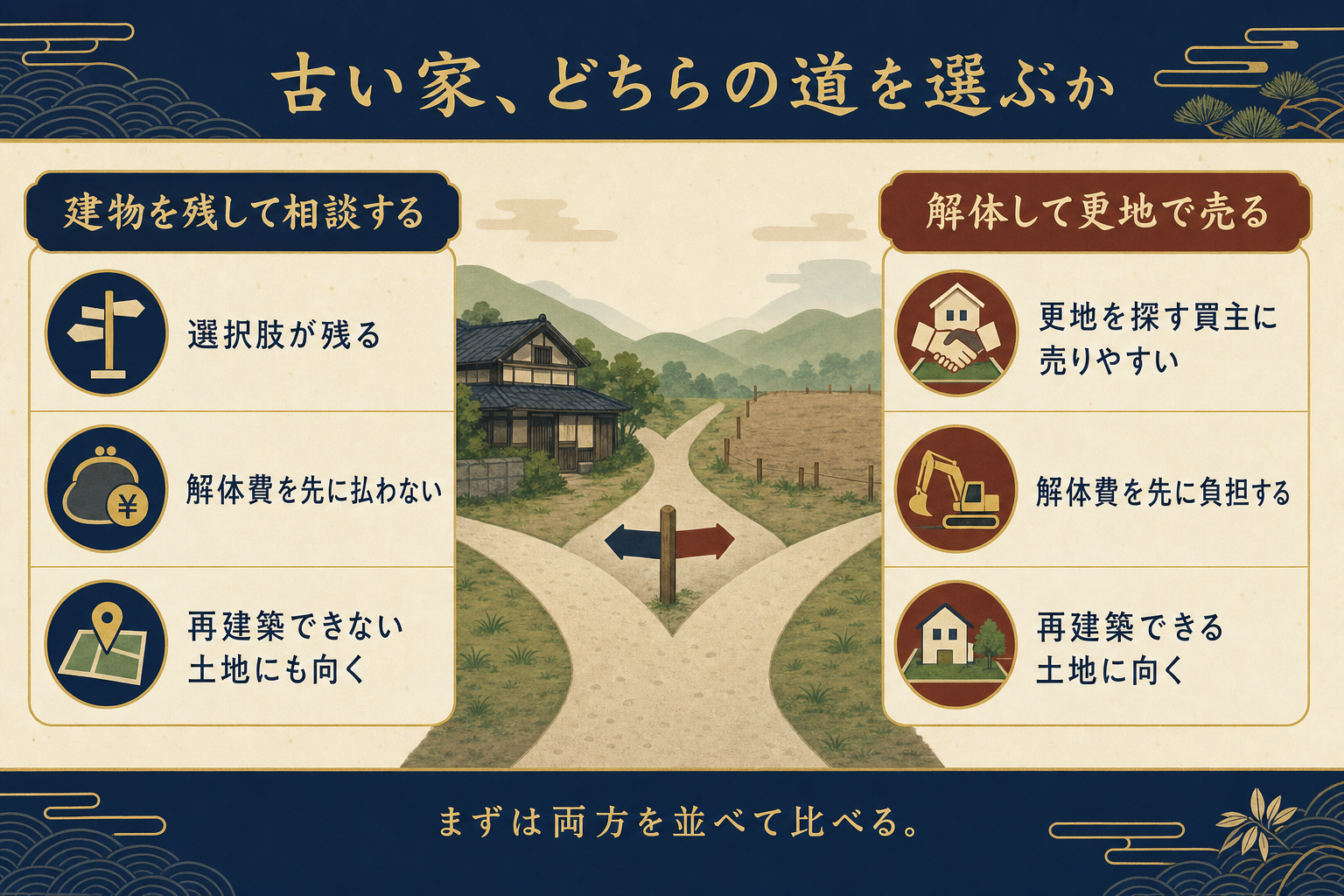 建物付きで相談する道と、解体して更地で売る道の分かれ道を示した対比図解
