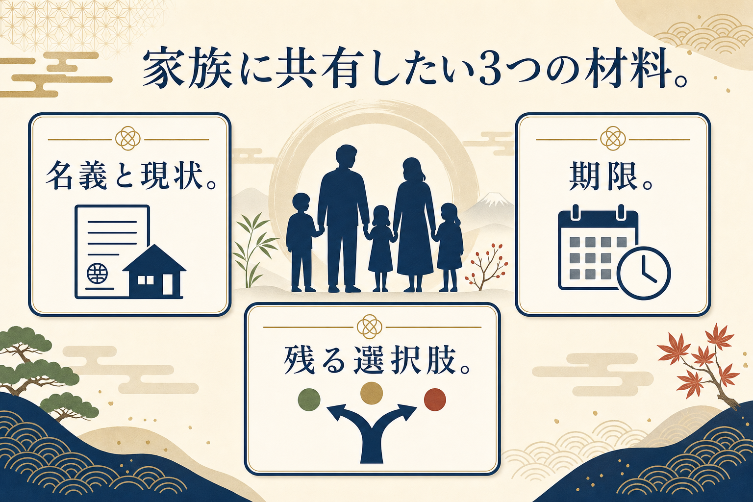 相続した実家を家族に共有するときの3つのポイント（名義と現状・期限・残る選択肢）をまとめた図解